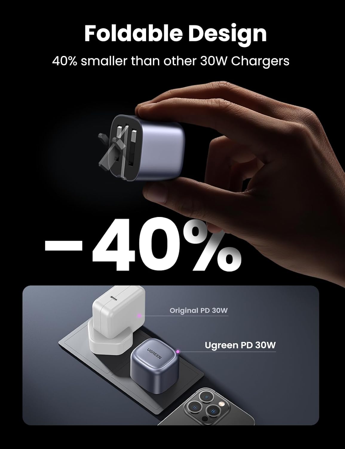 UGREEN 30W iPhone 16 Pro Charger Cable Nexode GaN USB C Power Adapter Foldable Samsung Charger Type C Plug Set with 1M 60W USB Cable for iPhone 16 Pro Max/15, iPad, Samsung S25U, Xiaomi, HONOR, etc