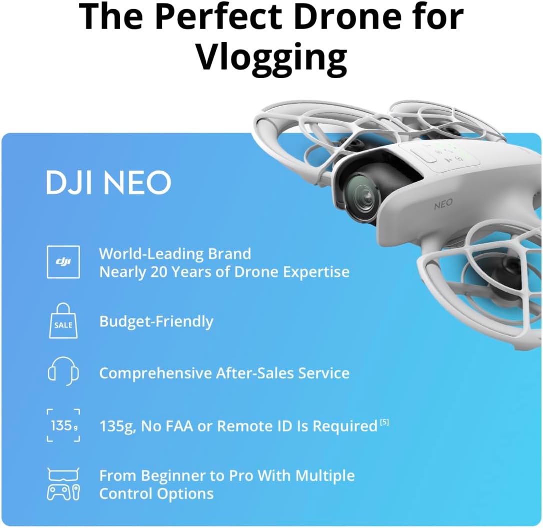 DJI Neo, 4K UHD Camera Drone, 135g, Palm Takeoff, AI Subject Tracking, Ultra-Stabilized Video, Built-In Propeller Guard (Controller-Free),