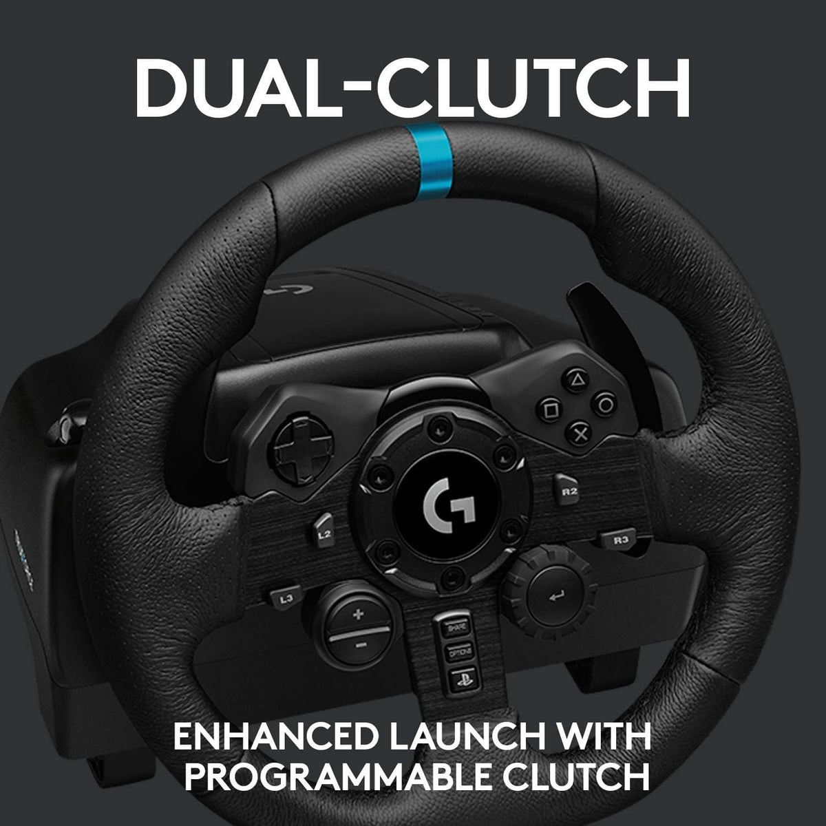 Logitech G923 Racing Wheel and Pedals, TRUEFORCE Feedback, Responsive Driving Design, Dual Clutch Launch Control, Genuine Leather Steering Wheel Cover, for PS5 Pro, PS5, PS4, PC - Black - UAE Version