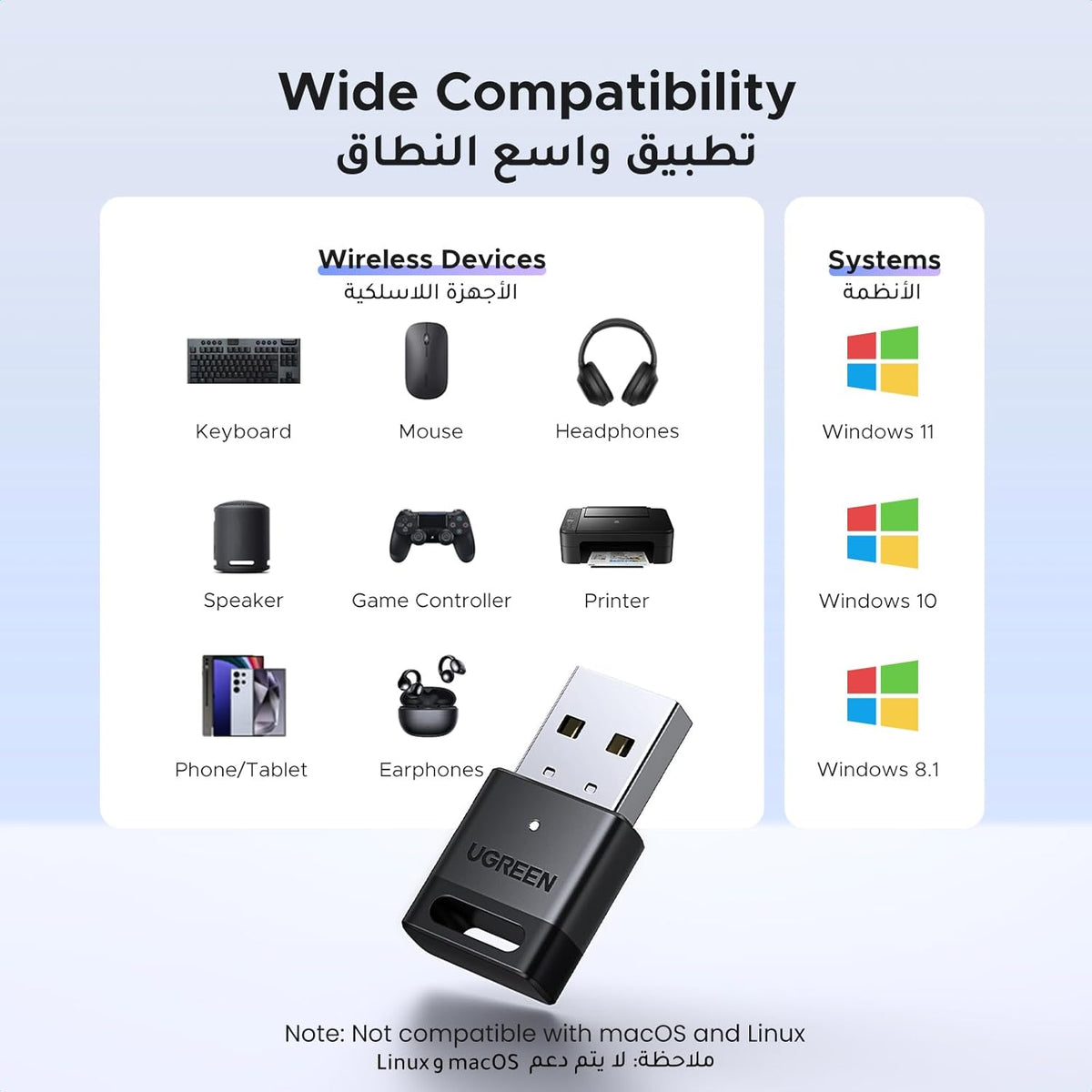 UGREEN Bluetooth 5.4 Adapter for PC, Plug and Play Dongle USB Bluetooth Receiver & Transmitter for Windows 11/10/8.1, Laptop, Keyboard, Mouse, Speaker, Headphone, Game Controller