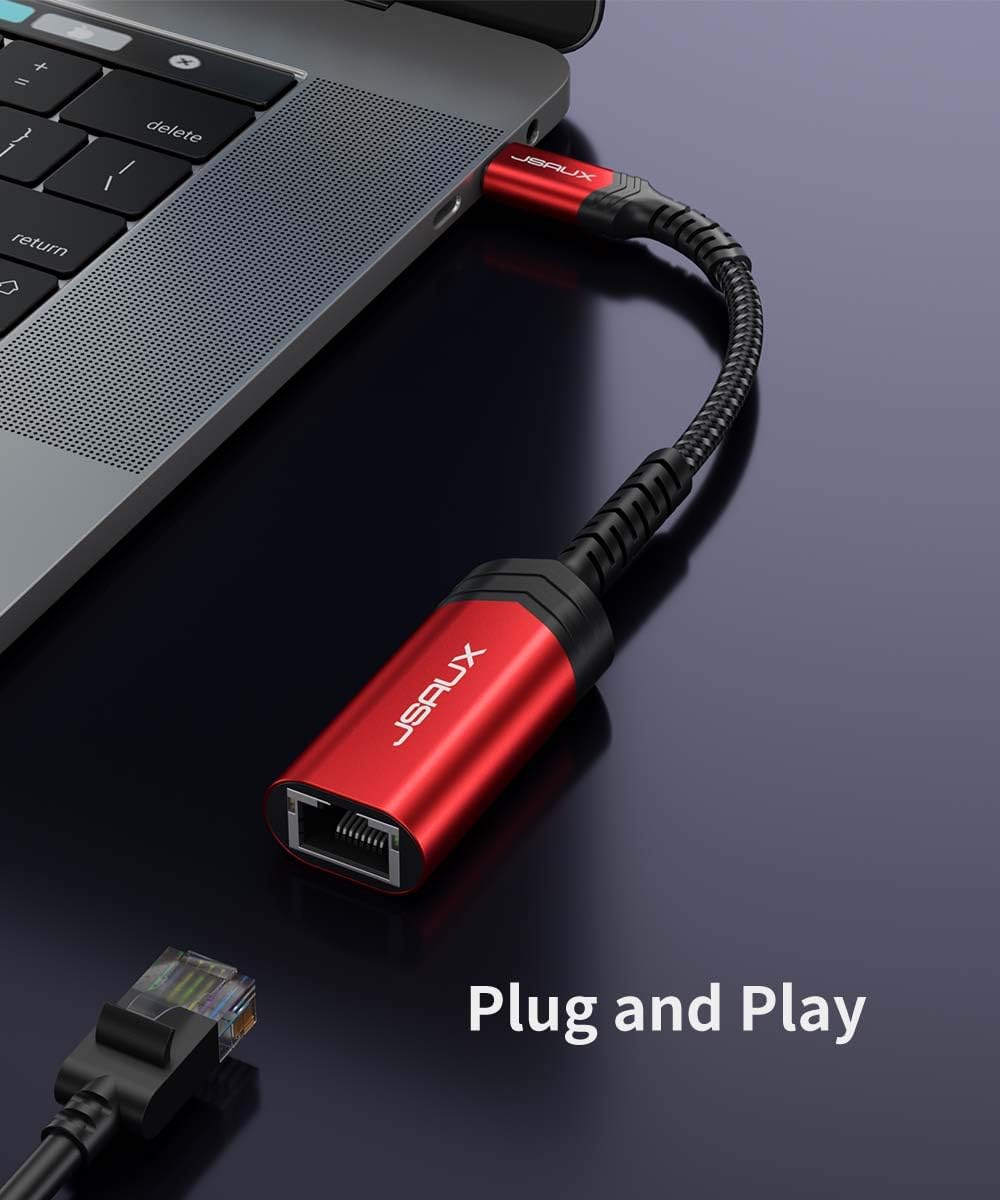 JSAUX USB C to Ethernet Adapter USB C to RJ45 Thunderbolt 3/Type C to Gigabit Ethernet LAN Network Adapter Compatible with MacBook Pro 2020/2019/2018/2017 MacBook Air Dell XPS and More-Red