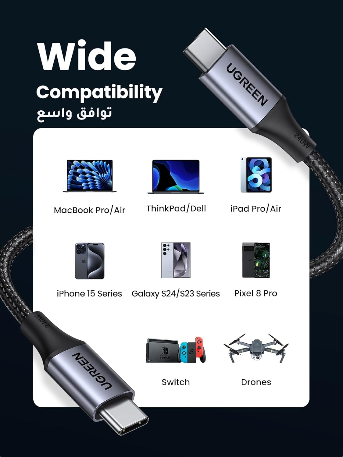 UGREEN USB C Cable 2M Braided 240W (48V 5A) Power Delivery PD 3.1, Fast Charging USB C to Type C Cable for MacBook Pro/Air, iPad Pro/Air 4, Galaxy S25/24/23 Ultra, iPhone 15/16 pro max, Huawei P70