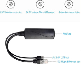 LEVGLAKE POE Splitter, 48V to 5V 2.4A Micro USB Ethernet Adapter, Compatible with Raspberry Pi 3B+, IP Camera and More