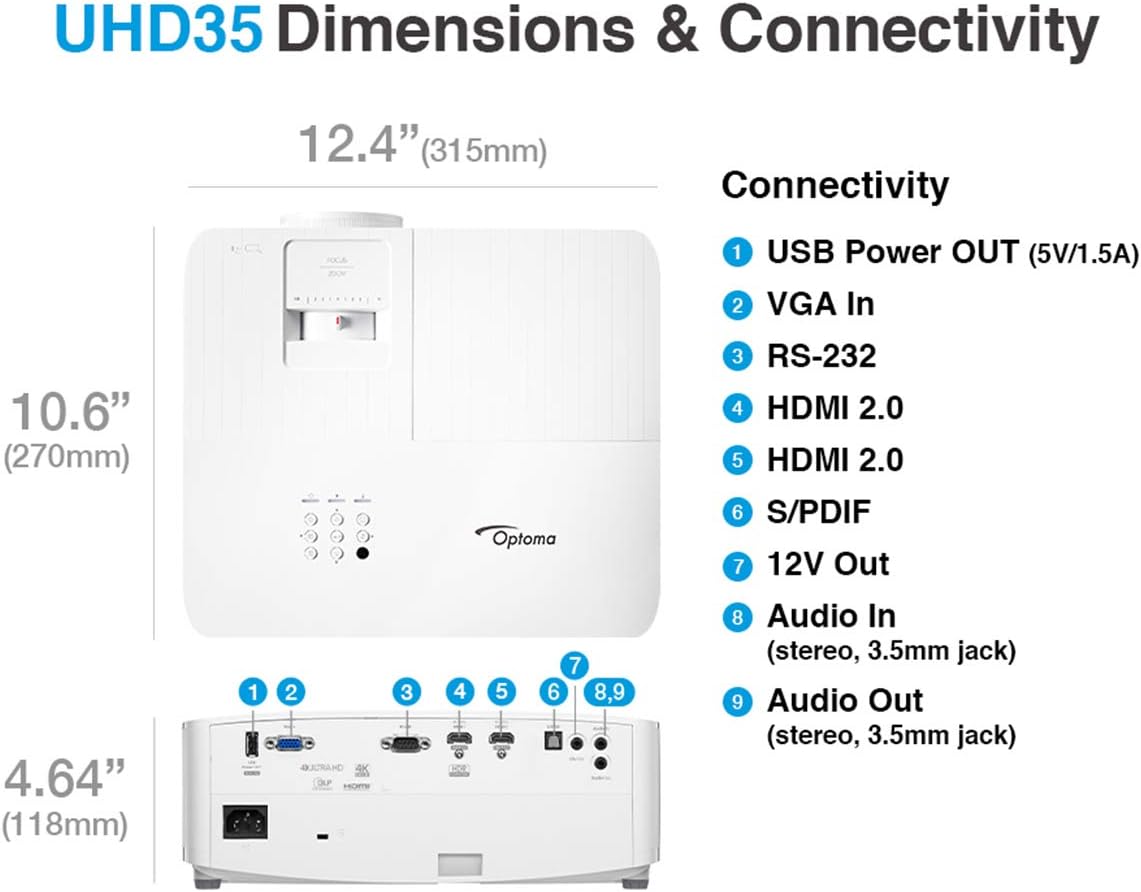 Optoma UHD35 True 4K UHD Next Generation Gaming Projector | 3600 Lumens | 4.2ms Response Time at 1080p with Enhanced Gaming Mode | Lowest Input Lag on 4K Projector | 240Hz Refresh Rate | HDR10 & HLG