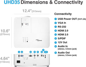 Optoma UHD35 True 4K UHD Next Generation Gaming Projector | 3600 Lumens | 4.2ms Response Time at 1080p with Enhanced Gaming Mode | Lowest Input Lag on 4K Projector | 240Hz Refresh Rate | HDR10 & HLG