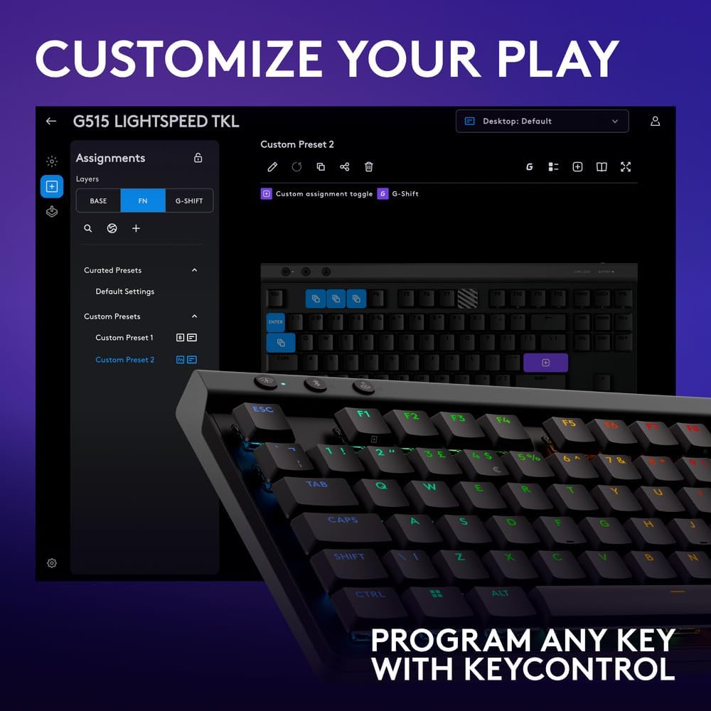 Logitech G515 LIGHTSPEED TKL Low Profile Wireless Gaming Keyboard, LIGHTSYNC RGB, Thin Tenkeyless Design, PBT Keycaps, Tactile/Brown Mechanical Switches - Black