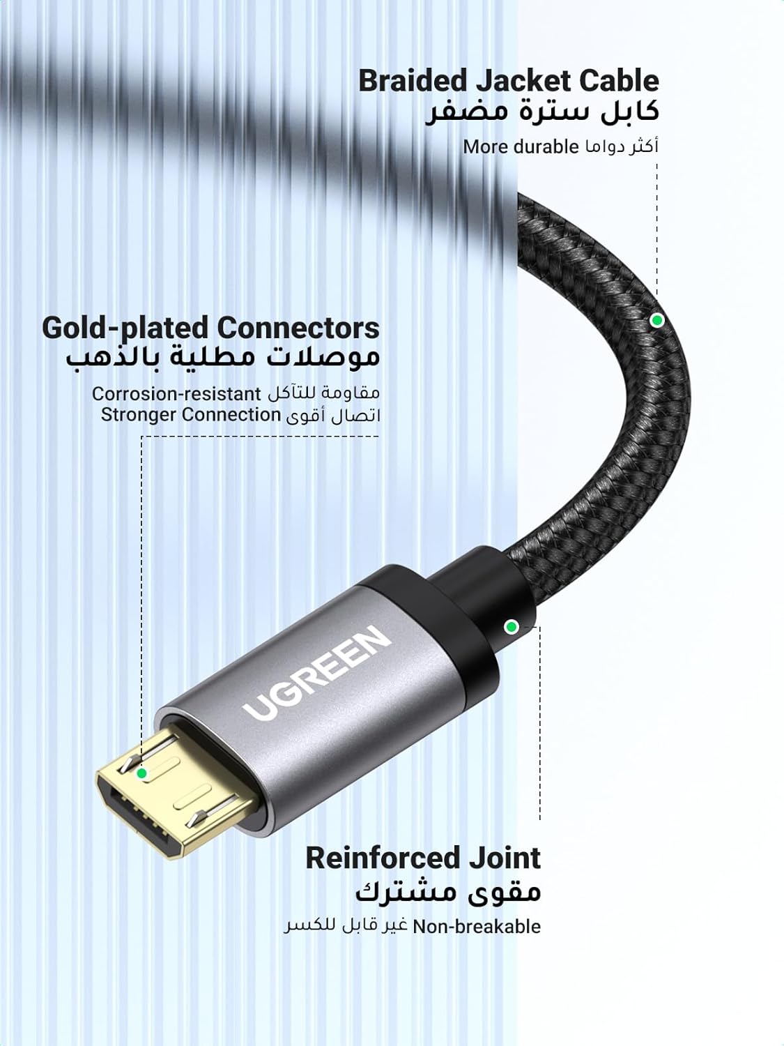 UGREEN Micro USB Cable 0.5M, 18W Fast Quick Charger Cable, QC 3.0 Micro USB 2.0 Android Charging Cord Nylon Braided, Compatible for PS4 XBOX Samsung S7 S6, Note6 LG Nexus Nokia-Black