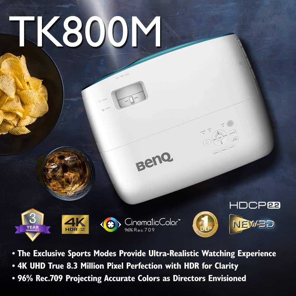 BenQ TK800M 4K UHD Home Theater Projector | HDR10 & HLG | 3000 Lumens for Bright Rooms | Enhanced Gaming Mode | Keystone Correction | Stream Netflix & Prime Video | Perfect for Movies, Sports & Gaming