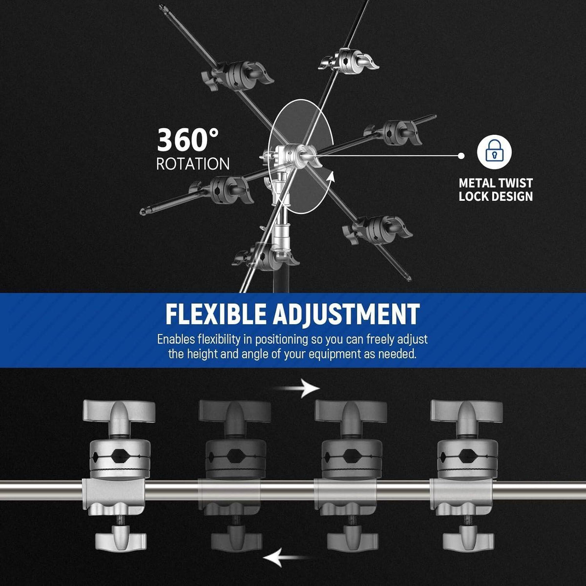 NEEWER Multifunctional Heavy Duty 2.5" Grip Head Holder Mounting Adapter for C Stand, Light Stand, Boom Arm, Photographic Equipment with 1/2, 1/4, 3/8, 5/8" Mount, Silver | AWP013372