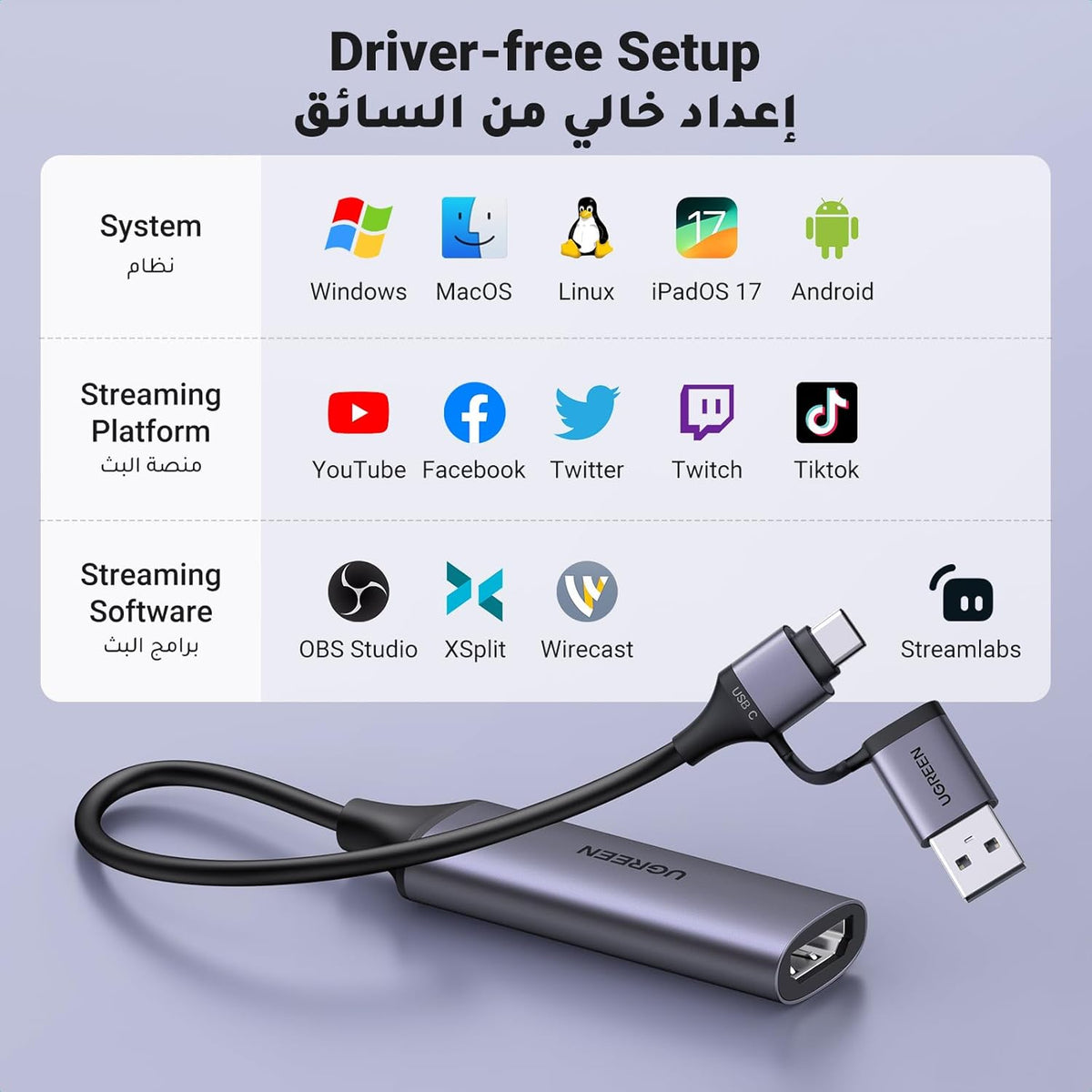 UGREEN 4K Video Capture Card HDMI to USB A/USB C, Game Capture Card for Live Broadcast, 4K Input & 1080P@60HZ, Compatible for PS5/PS4/XBOX/Switch, Camera, Laptop, iPad, Mobile Phone