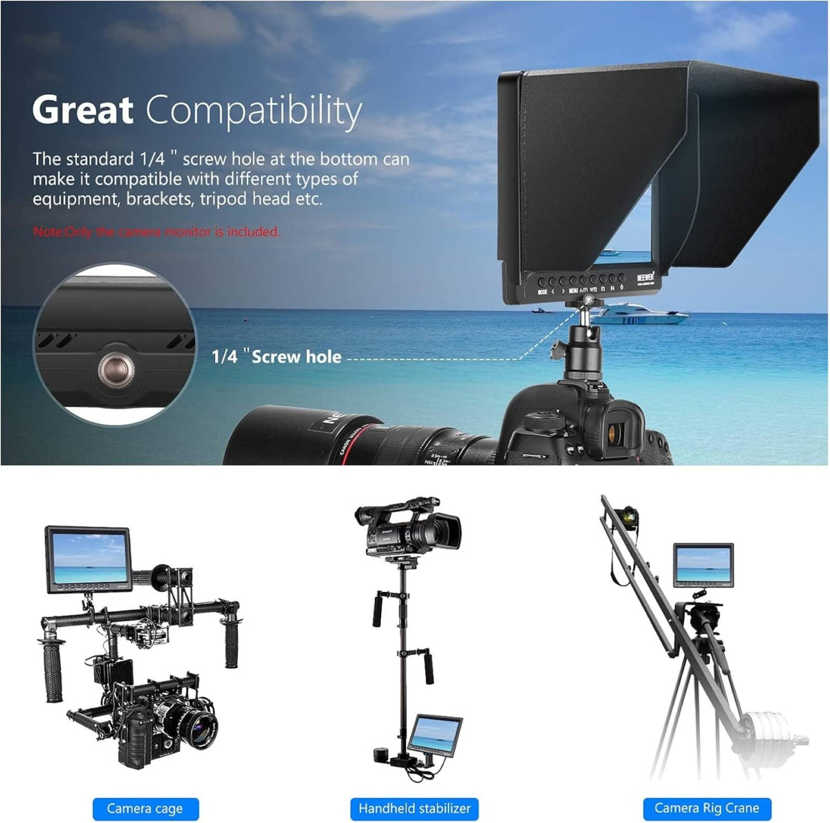 Neewer F100, 7-inch 1280x800 IPS Screen Camera Field Monitor with 1 Mini HDMI, BMPCC AV Cable for FPV, 16 10 or Adjustable Display Ratio for Sony Canon Nikon Olympus (Battery NOT included) | F100