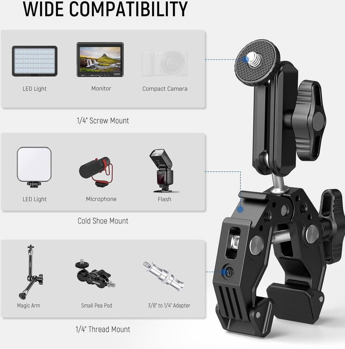 Neewer Super Clamp with 3" Dual Ballhead Magic Arm, Cold Shoe, 1/4" 3/8" Threads, Phone/Action Camera Mount Adapter for Desk Tripod Tube Crossbar Gimbal Rods Compatible with SmallRig GoPro DJI, ST83