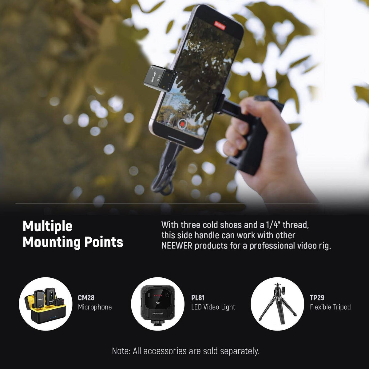 NEEWER Bluetooth Side Handle Shutter Release with 2.2"-3.2"/55-82mm 360° Phone Clamp & SSD Holder, Cold Shoes, 100mAh Rechargeable Battery Compatible with iPhone Samsung T5/T7/T9 SSD | PA028E