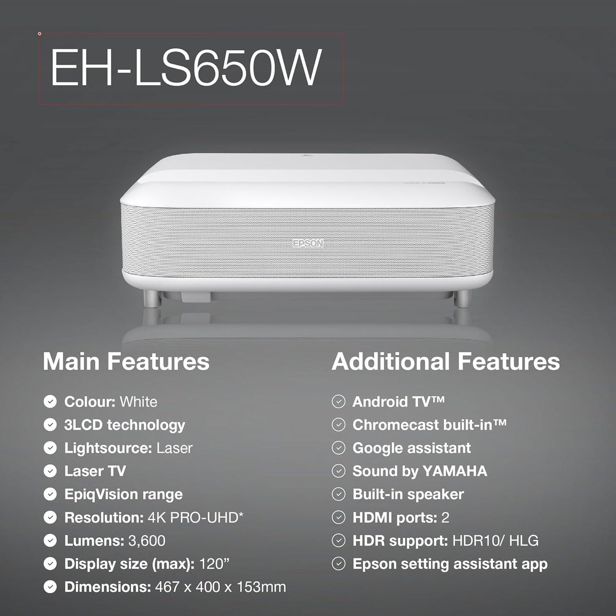 Epson EH-LS650W 4K PRO UHD Ultra Short Throw Projector