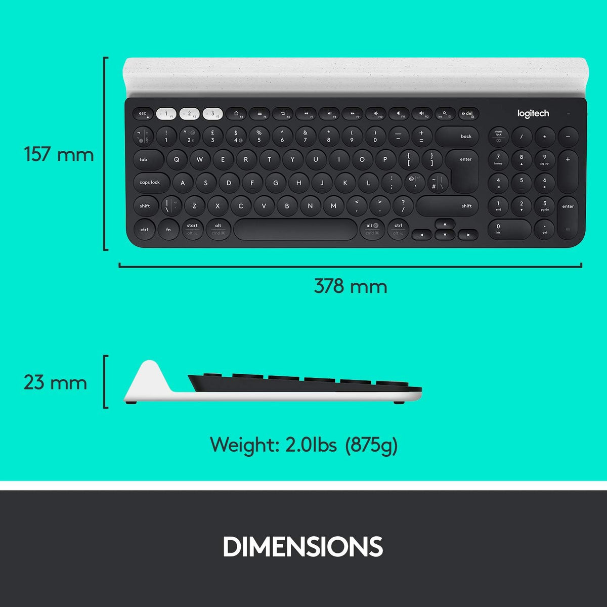 Logitech K780 Multi-Device Wireless Keyboard for Windows, Apple, Android or Chrome, Wireless 2.4GHz, Bluetooth, Smartphone and Tablet Cradle, Quiet, PC, Mac, Laptop, Arabic Layout - Dark Grey/White