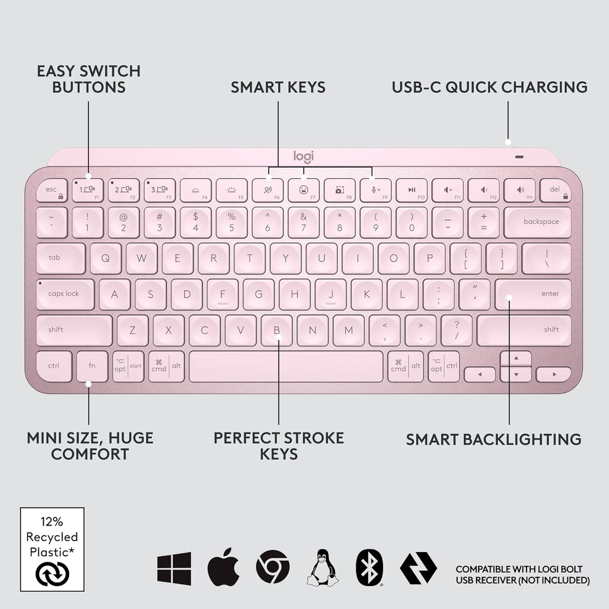 Logitech MX Keys Mini Minimalist Wireless Illuminated Keyboard, Compact, Bluetooth, Backlit, USB-C, Compatible with Apple macOS, iOS, Windows, Linux, Android, Metal Build - Rose