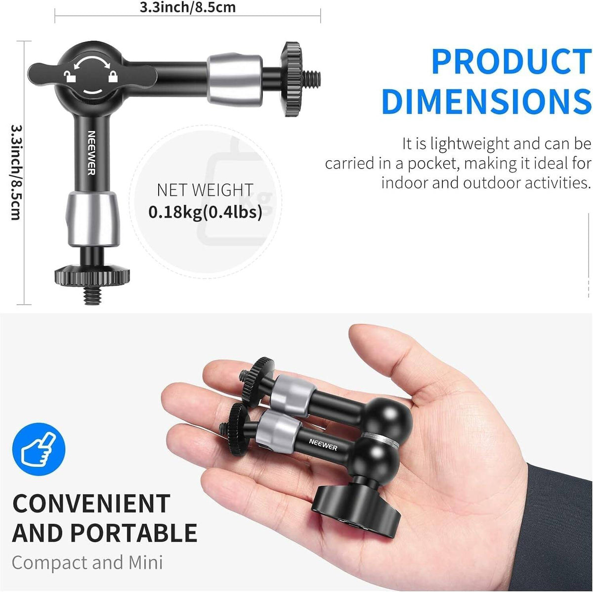 Neewer 5.9"/15cm Adjustable Articulating Friction Magic Arm with Dual 1/4" Threaded Ball Heads Compatible with SmallRig Cage, Flash/LED Light/Microphone/Monitor/Super Clamp, Max Load 4.4lb/2kg (ST15)