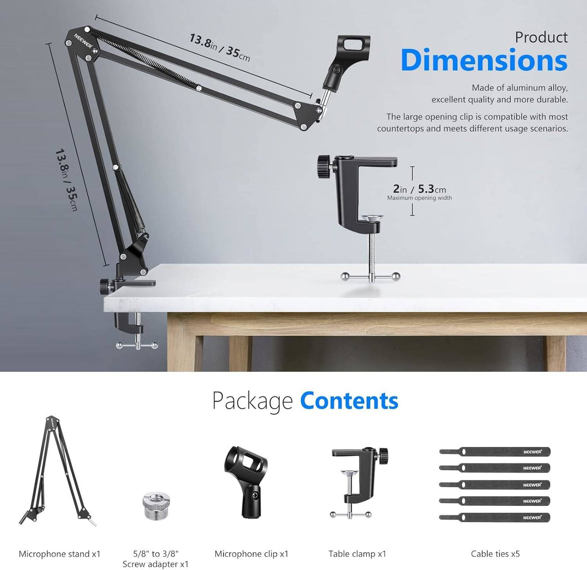Neewer Microphone Arm Stand, Suspension Boom Scissor Mic Arm Stand with 3/8 to 5/8 Screw and Cable Ties Compatible with Blue Yeti, Snowball, Yeti X, Quadcast and Other Mics, Max Load 1.5kg