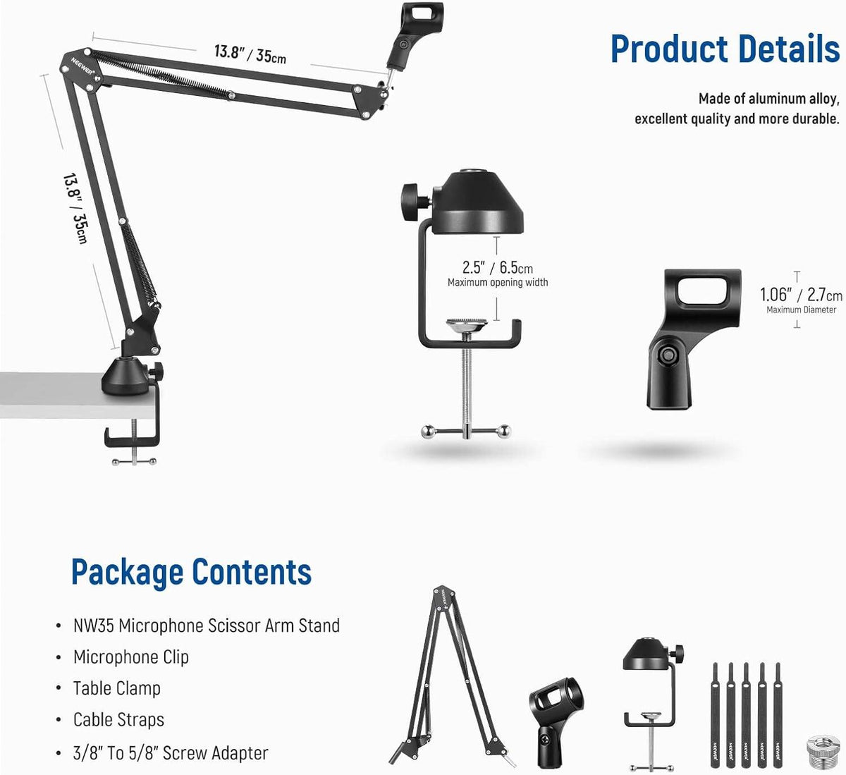 Neewer Microphone Arm Stand, Suspension Boom Scissor Microphone Arm Stand with 3/8 Inch to 5/8 Inch Screw and Cable Ties, Compatible with Blue Yeti Snowball Yeti X Quadcast etc. Max. Load 1.5 kg