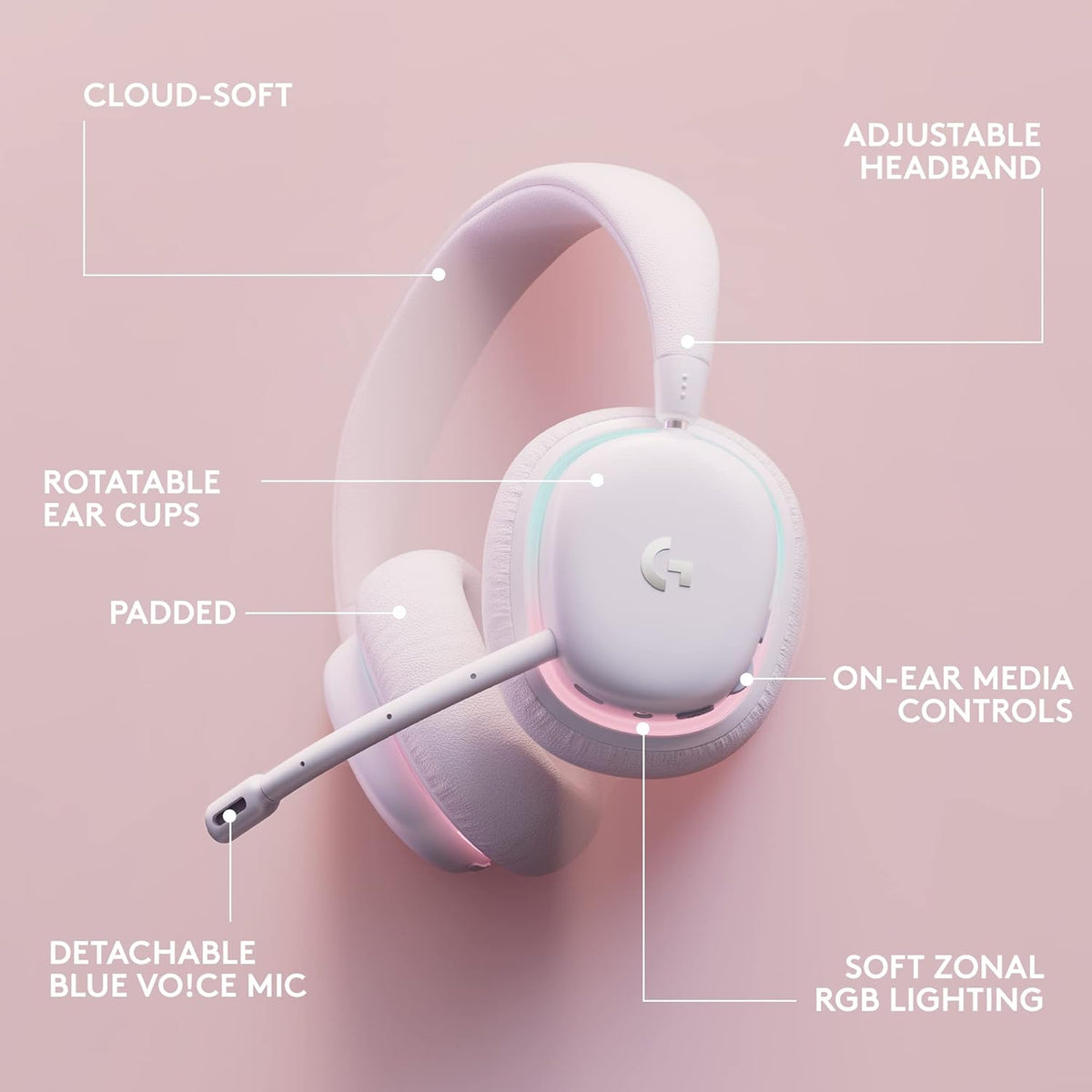 Logitech G G735 Wireless Gaming Headset, Customisable LIGHTSYNC RGB Lighting, LIGHTSPEED, Bluetooth, 3.5 MM Aux Compatible with PC, Mobile Devices, Detachable Microphone - White Mist