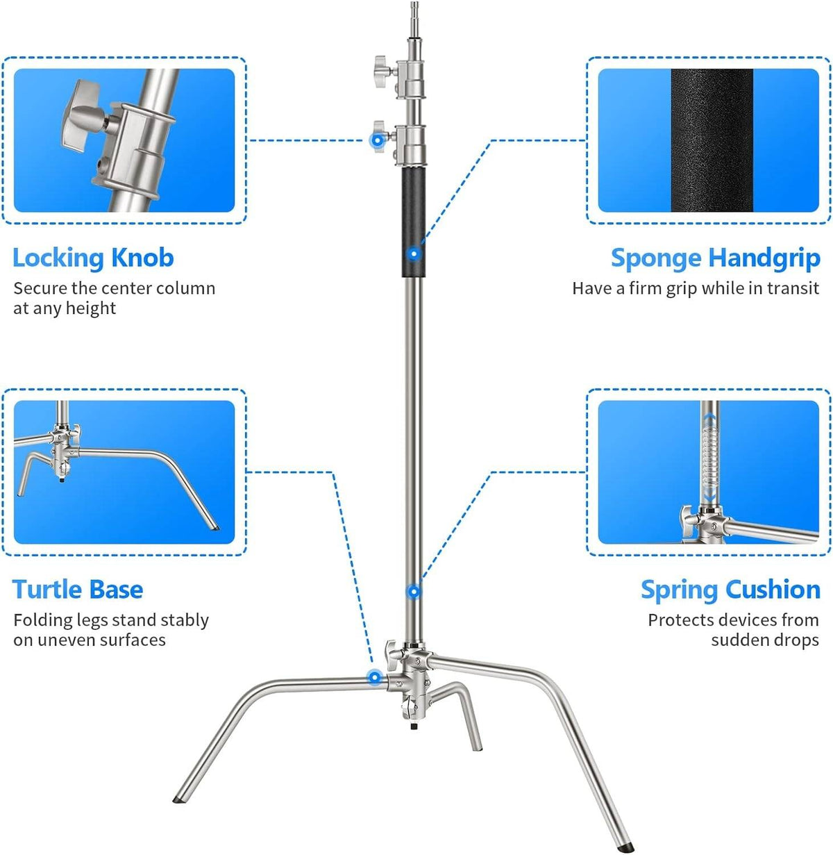 Neewer Pro 100% Stainless Steel Heavy Duty C Stand with Boom Arm - Max Height 331cm Photography Light Stand with 120cm Holding Arm, 2 Grip Head for Studio Monolight, Softbox, Reflector | AWP012553