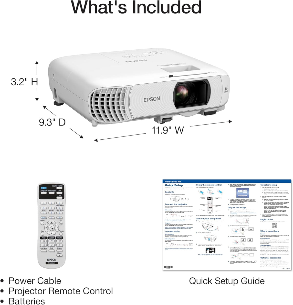 Epson Home Theater 980 3-Chip 3LCD 1080p Projector, 4000 Lumens Color & White Brightness, Streaming/Game/Home Theater, Built-in Speaker, Auto Slide Skew, 16000:1 Contrast, 2 HDMI Ports