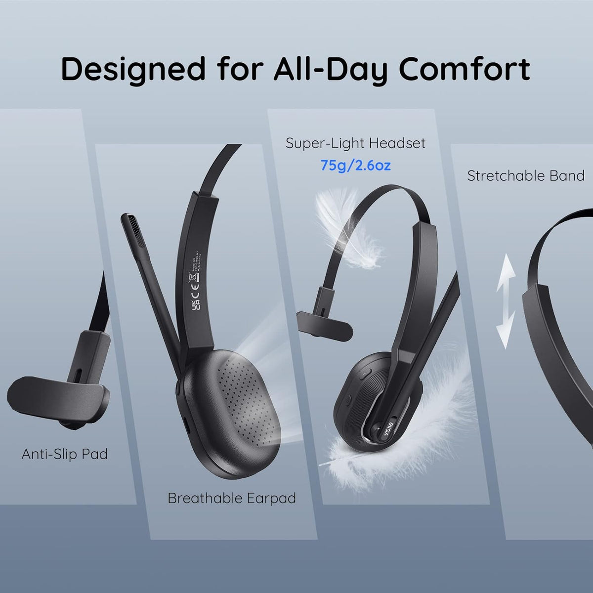 EKSA Trucker Bluetooth Headset, Wireless Headset with Microphone AI Noise Canceling, On Ear Bluetooth Headphone with Mute for Driver Office Call Center Computer Skype