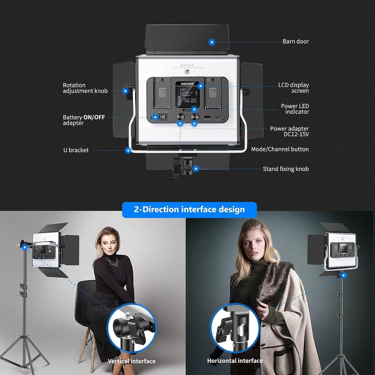 Neewer 660 Pro II 50W RGB + Bi Color LED Video Light with 4 Way Barndoors & Stand Kit