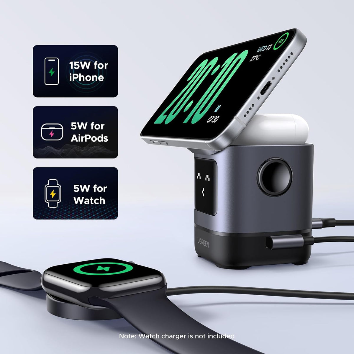 UGREEN 15W Uno Wireless Charger, Qi2 Certified MagSafe Charging, Fast Magnetic Phone Stand, 2-in-1 Foldable Wireless Charger Station Compatible with iPhone 16/15/14/13/12 Series, AirPods 4/3/2/Pro 2