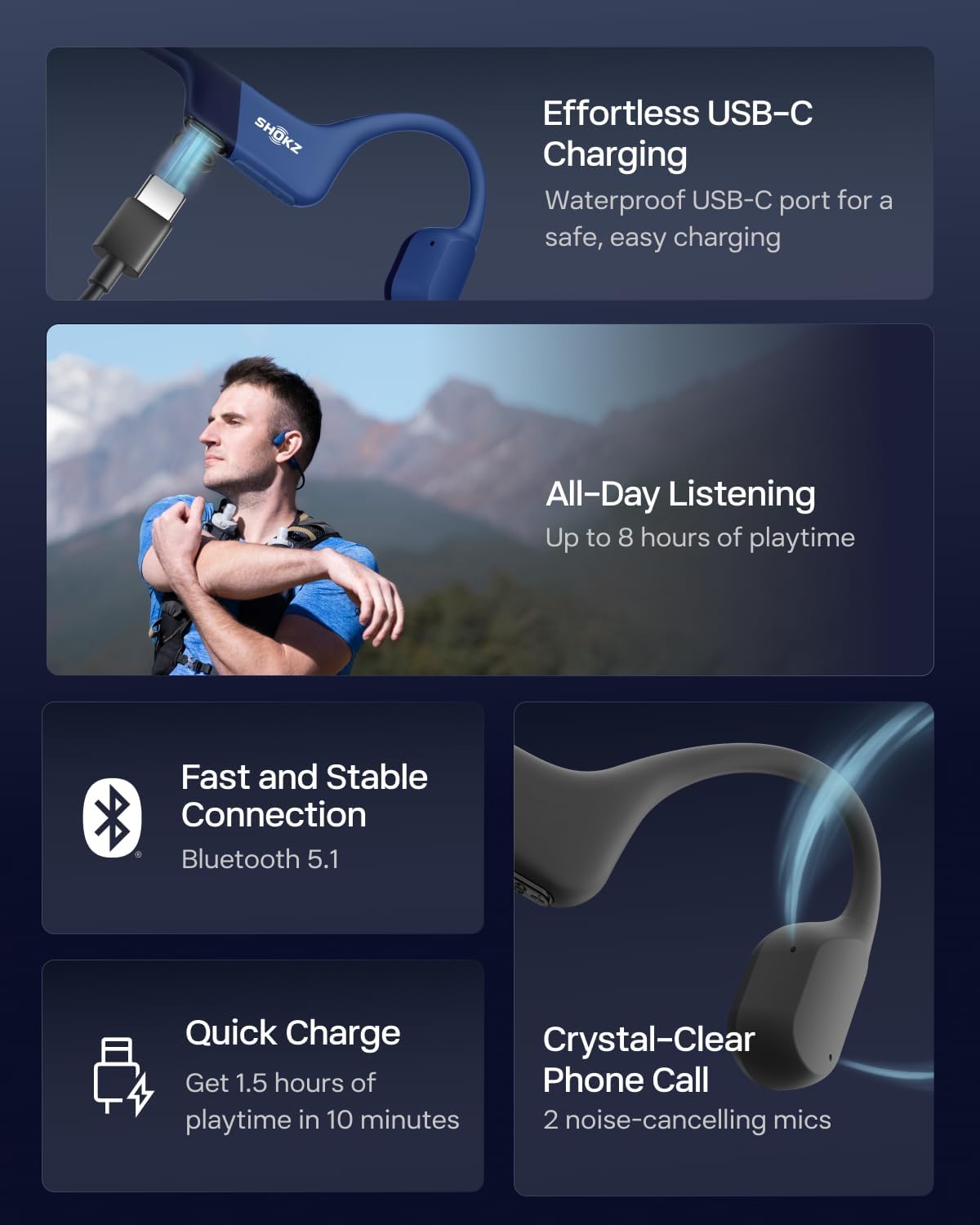 SHOKZ OpenRun Bone Conduction Headphones, Open-Ear Bluetooth Sports Earphones with Mic, IP67 Waterproof Wireless Headset for Running and Workout, 8H Playtime, USB-C - Blue, Sport headband