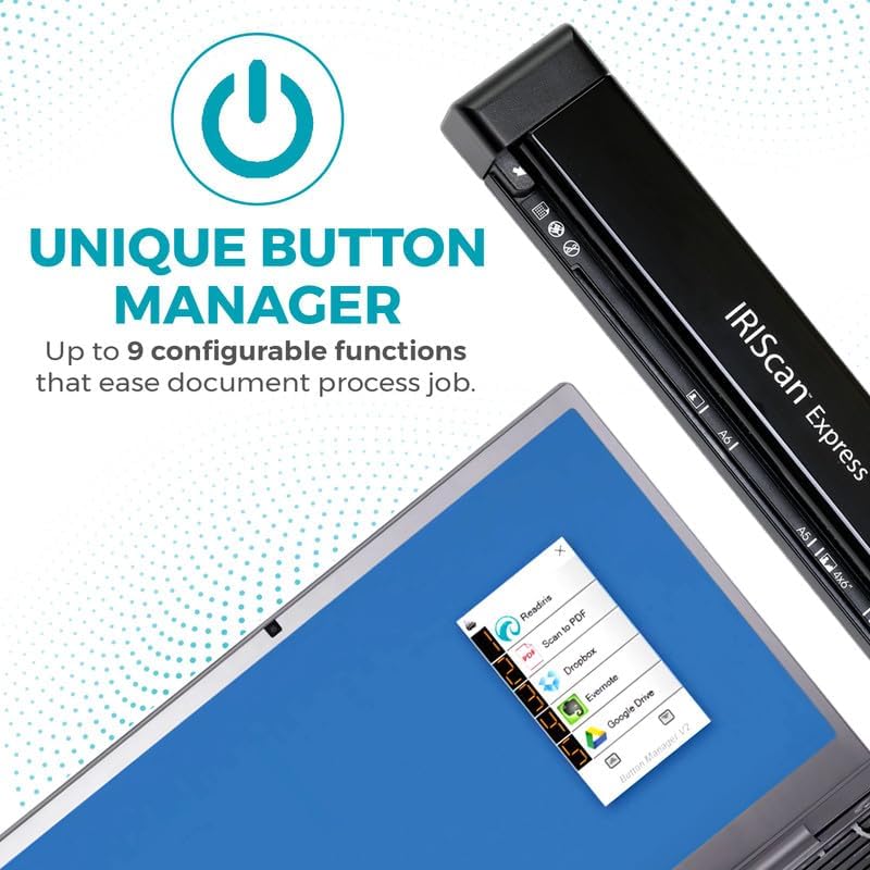 IRIScan Express Portable Scanner A4 - v4 8PPM: Document Scanner, Single-sided, USB, PDF Scanner, Scanning to Word, PDF, XLS, Business Cards to Outlook, Photo Scanner, Receipt Scanner, Win