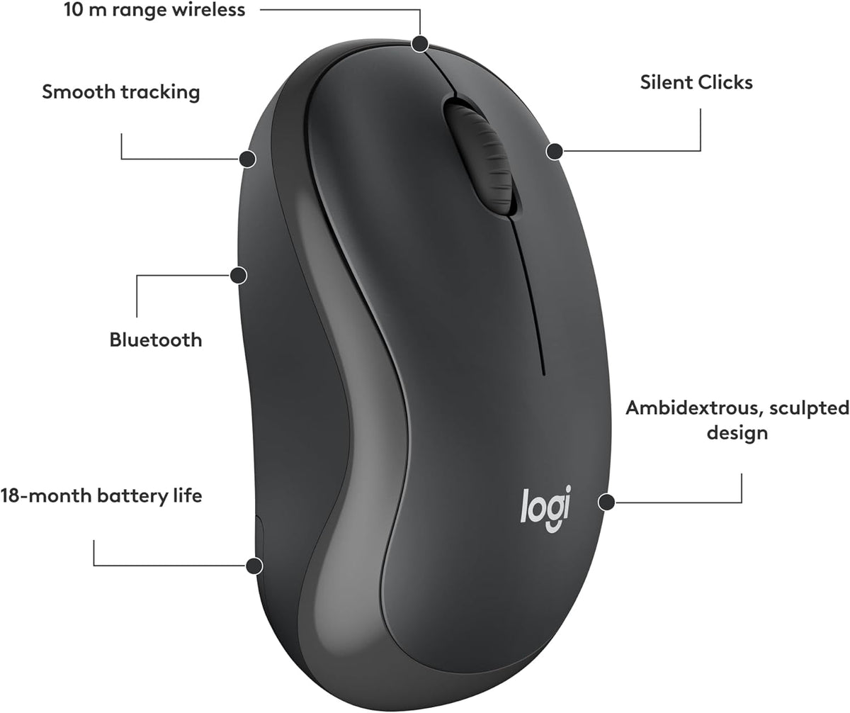 Logitech M240 Silent Bluetooth Mouse, Wireless, Compact, Portable, Smooth Tracking, 18-Month Battery, for Windows, macOS, ChromeOS, Compatible with PC, Mac, Laptop, Tablets - Graphite