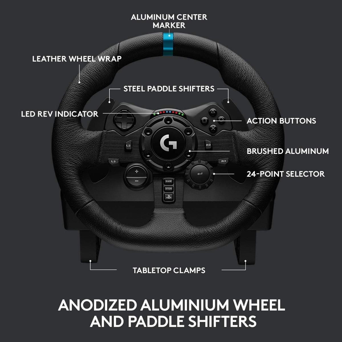 Logitech G923 Racing Wheel and Pedals, TRUEFORCE Feedback, Responsive Driving Design, Dual Clutch Launch Control, Genuine Leather Steering Wheel Cover, for PS5 Pro, PS5, PS4, PC - Black - UAE Version