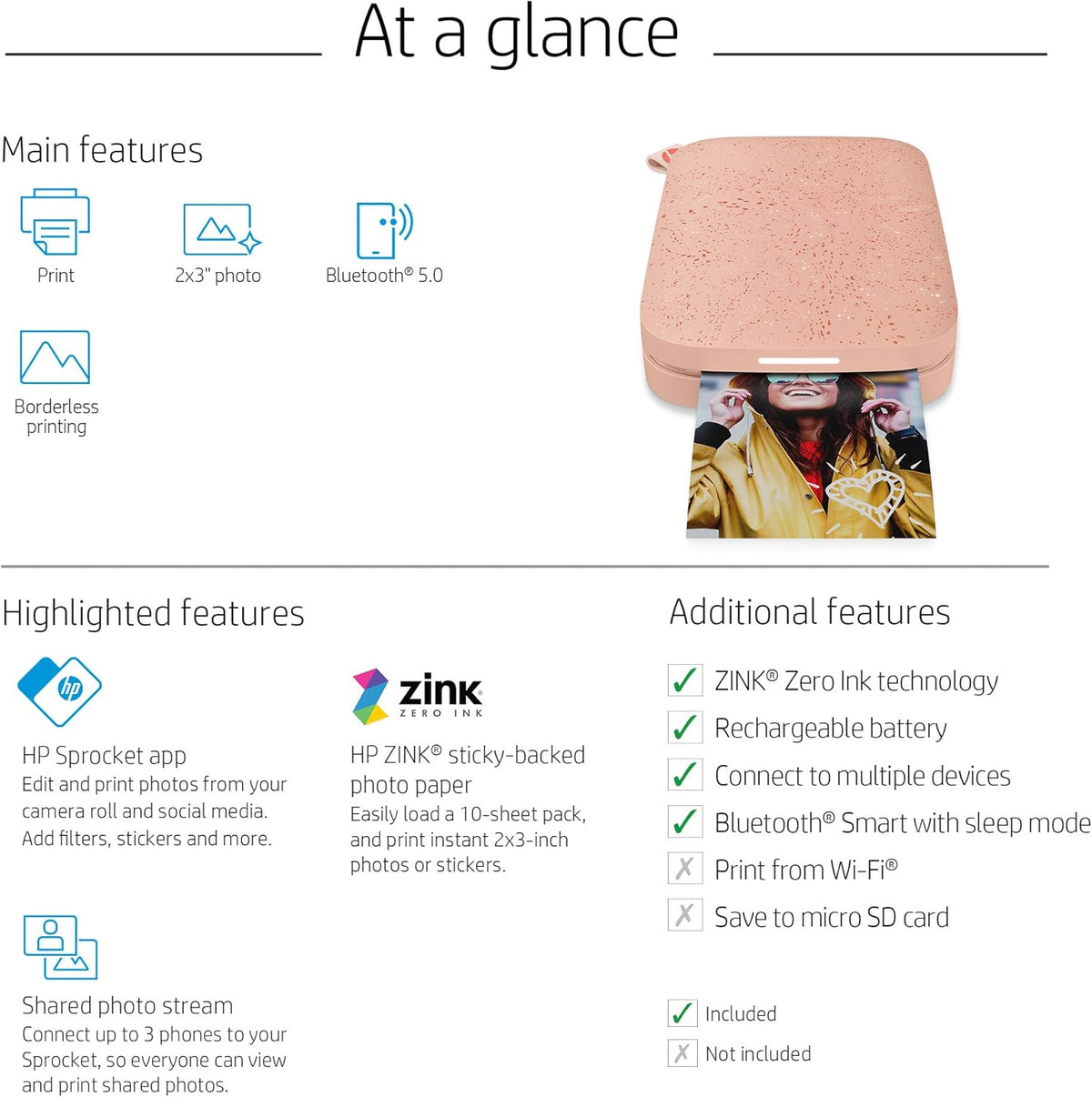 HP Sprocket Portable 2x3" Instant Photo Printer (Blush) Print Pictures on Zink Sticky-Backed Paper from your iOS & Android Device.