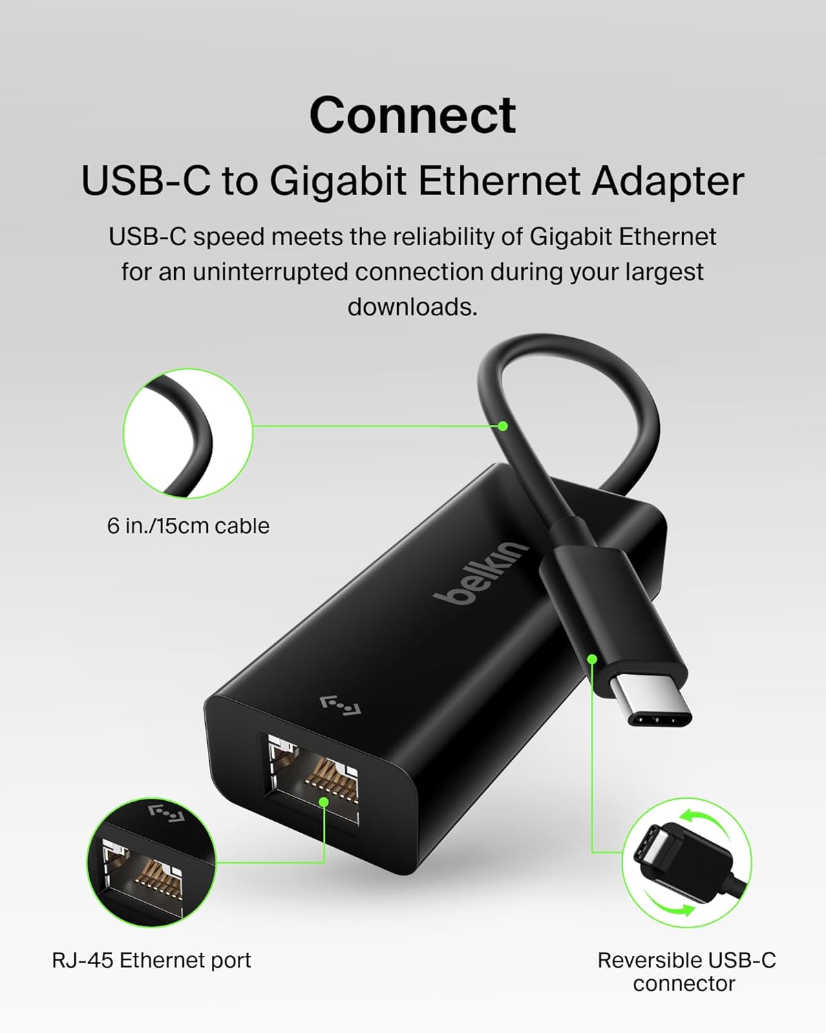 Belkin Usb-If Certified Usb Type C (Usb-C) To Gigabit Ethernet Adapter, Compatible With Usb-C Devices Including New Macbook, Macbook Pro (2016), Xps And Chromebook Pixel (F2Cu040Btblk)