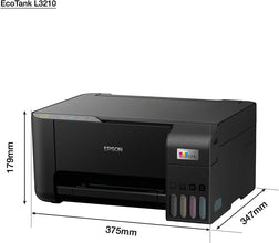 Epson EcoTank L3210 A4 All-in-One Ink Tank Printer, 5760 x 1440 dpi Resolution, Print/Scan/Copy, Up to 33.0 ppm Print Speed, 180 x 1 Nozzles, Spill Free, Error Free Refilling, USB, Black | C11CJ68405