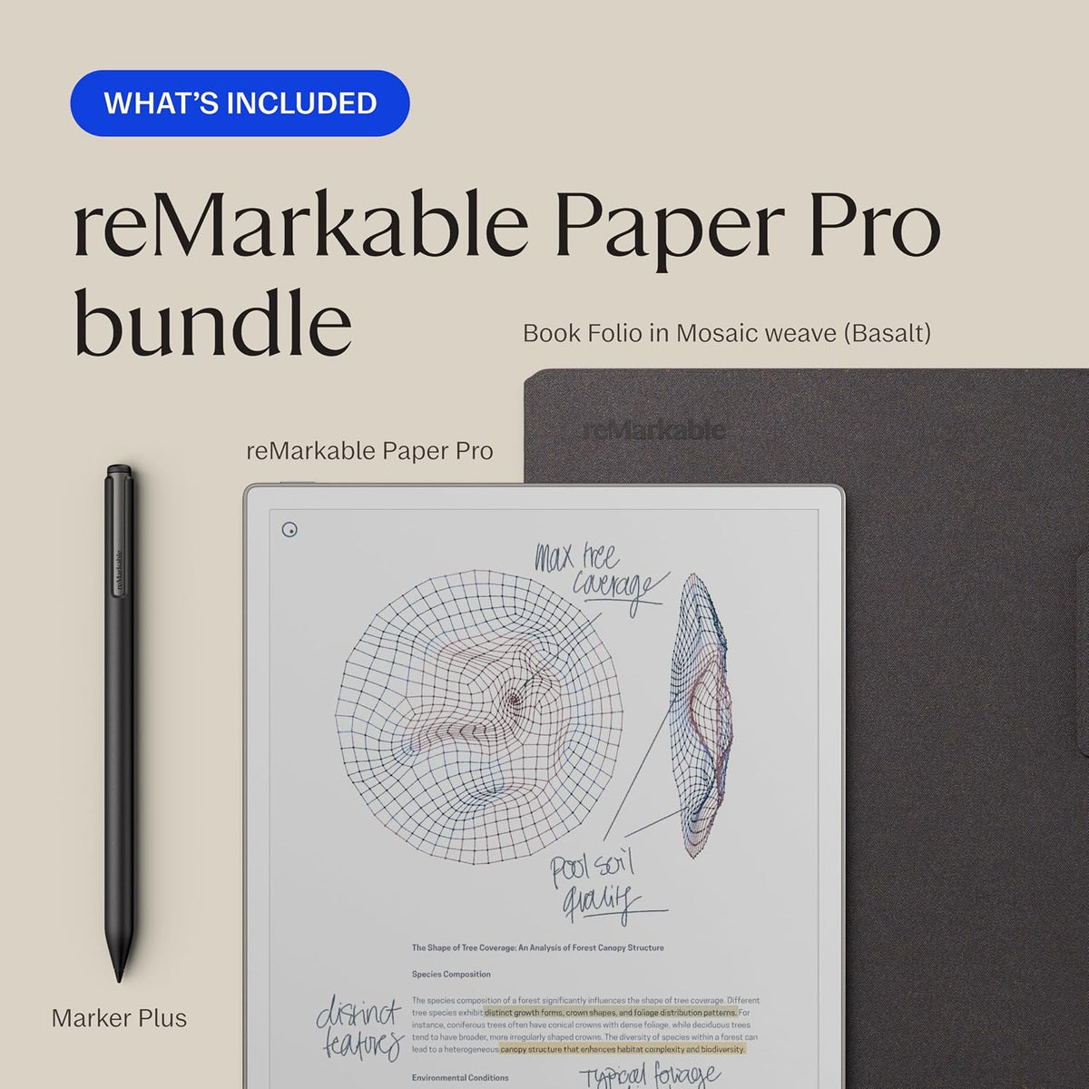 reMarkable Paper Pro 11.8” reMarkable Paper Tablet, Marker Plus Pen with Eraser, and a Book Folio Cover in Mosaic Weave – Basalt Offical Company refurbished