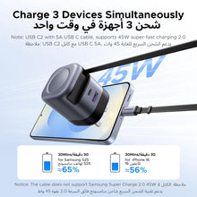 UGREEN 45W Samsung Charger, 3 Ports Type C Adapter, GaN Fast Charger with Retractable USB-C Cable and Foldable Plug, USB C Charger Compatible with Galaxy S25 S24 S23 iPhone 16/15/14 Series, Space Grey