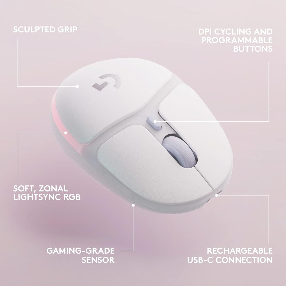 Logitech G G705 Wireless Gaming Mouse, Customisable LIGHTSYNC RGB Lighting, LIGHTSPEED Wireless, Bluetooth Connectivity, Lightweight, PC/Mac/Laptop - White Mist