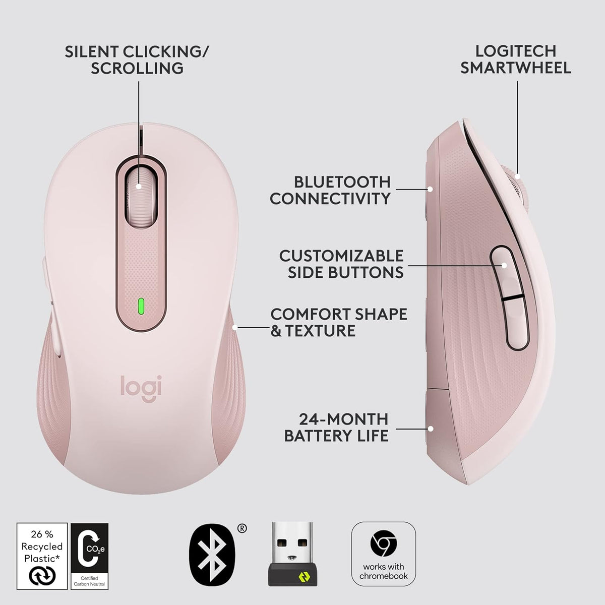 Logitech Signature M650 Wireless Mouse - for Small to Medium Sized Hands, 2-Year Battery, Silent Clicks, Customisable Side Buttons, Bluetooth, for PC/Mac/Multi-Device/Chromebook - Rose