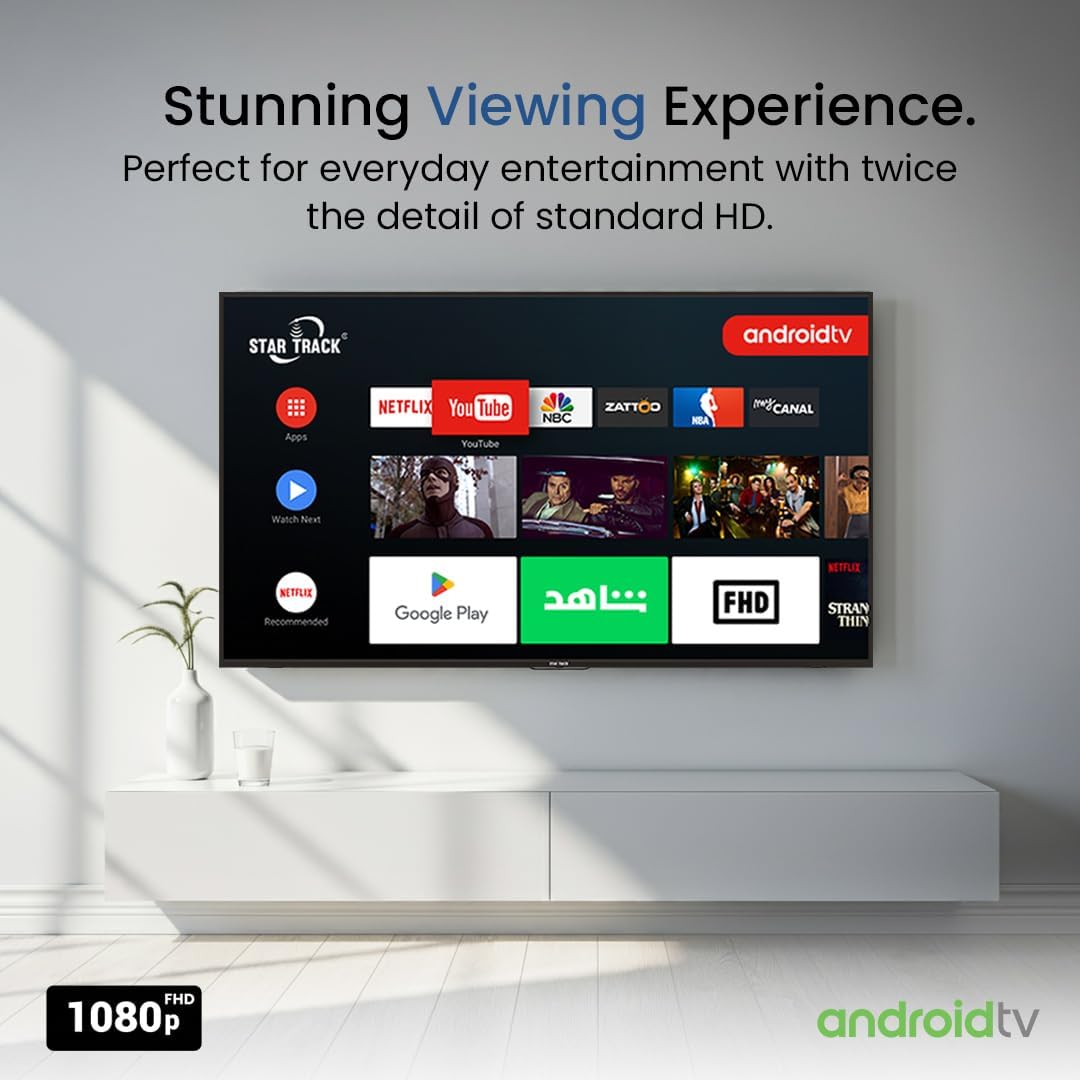 STAR TRACK LED Smart TV, HD, 43 Inch, Android 14.0, T2S2, A+ Screen, WiFi, MIRACAST, Netflix, YouTube, Prime Video, HDMI, USB Comes with Edgeless frame(43)