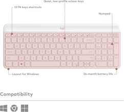 Logitech MK470 Slim Wireless Keyboard and Mouse Combo - Modern Compact Layout, Ultra Quiet, 2.4 GHz USB Receiver, Plug n' Play Connectivity, Compatible with Windows, US INT'L - Rose
