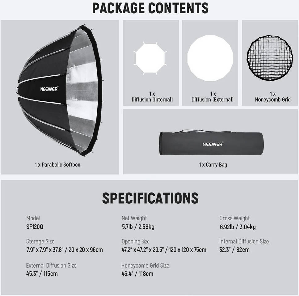 Neewer Parabolic Softbox, 16 Ribs, Reflective Silver Interior, Widely Compatible Bowens Mount, Soft, Directional Light Quality, Includes Fabric Grid, Black | SF120Q
