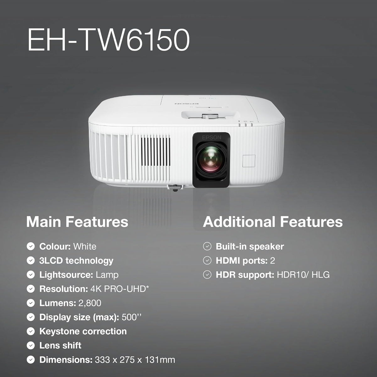 EPSON EH-TW6150 4K PRO-UHD projector, 2,800 lumen brightness, lag time of less than 20ms, 3LCD technology, USB, HDMI