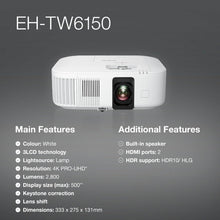 EPSON EH-TW6150 4K PRO-UHD projector, 2,800 lumen brightness, lag time of less than 20ms, 3LCD technology, USB, HDMI