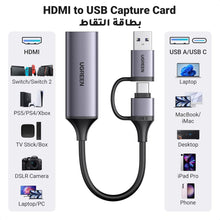 UGREEN 4K Video Capture Card HDMI to USB A/USB C, Game Capture Card for Live Broadcast, 4K Input & 1080P@60HZ, Compatible for PS5/PS4/XBOX/Switch, Camera, Laptop, iPad, Mobile Phone