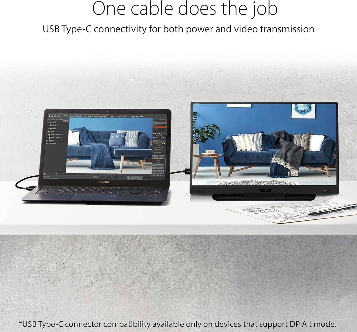Asus ZenScreen MB166C Portable Monitor, 16" FHD IPS Display, 60Hz Refresh Rate, 5ms (GtG) Response Time, 262K Display Colors, USB-C Port, Black | 90LM07D3-B01170