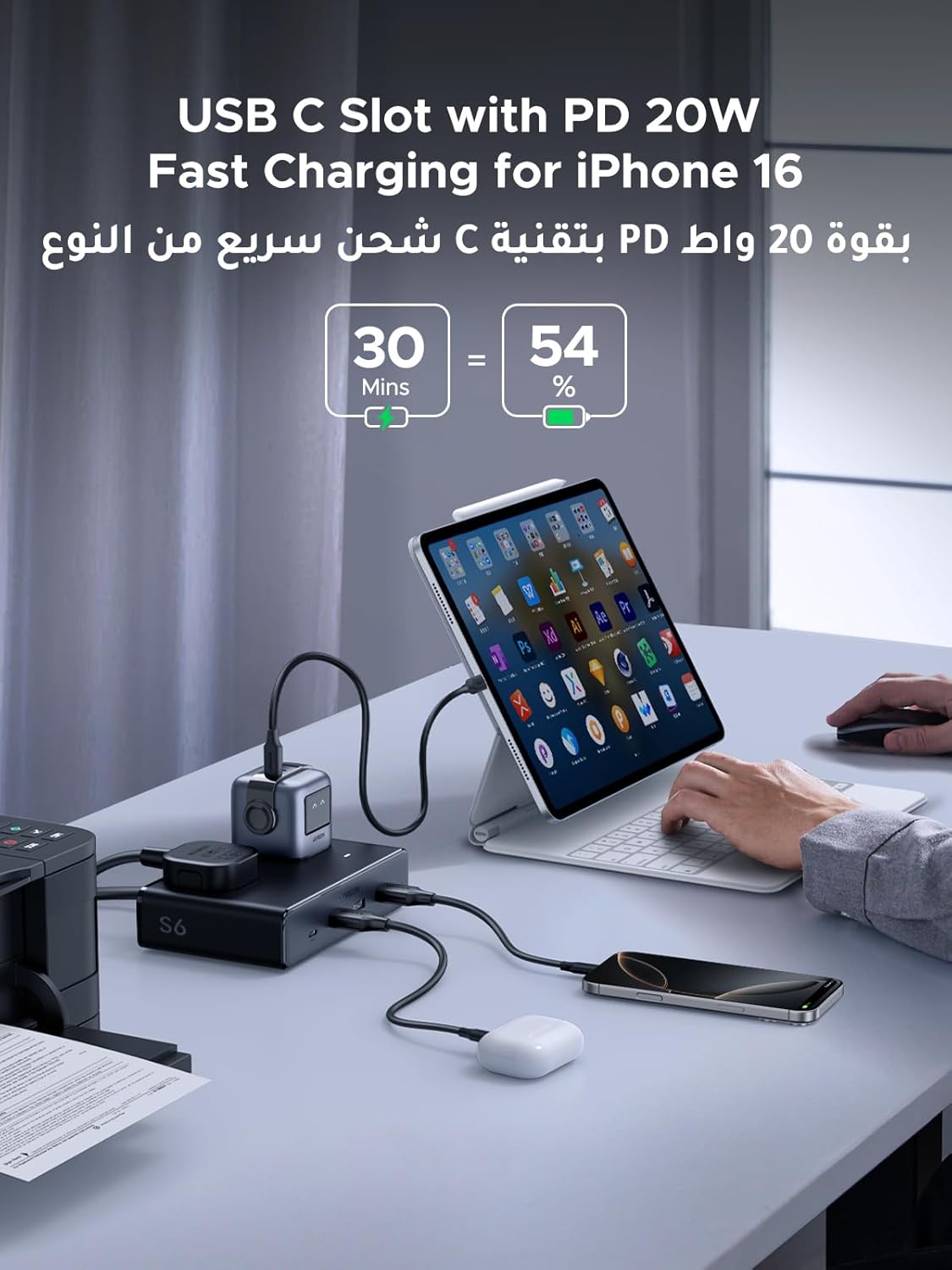UGREEN 20W Nexode Power Strip UK, AC Outlets, 4 USB Slots 2990W Max Multiple Plug, with 1.5m Extension Cord, Charging Station for Multiple Devices, Fast Charging for Home, Office, Travel