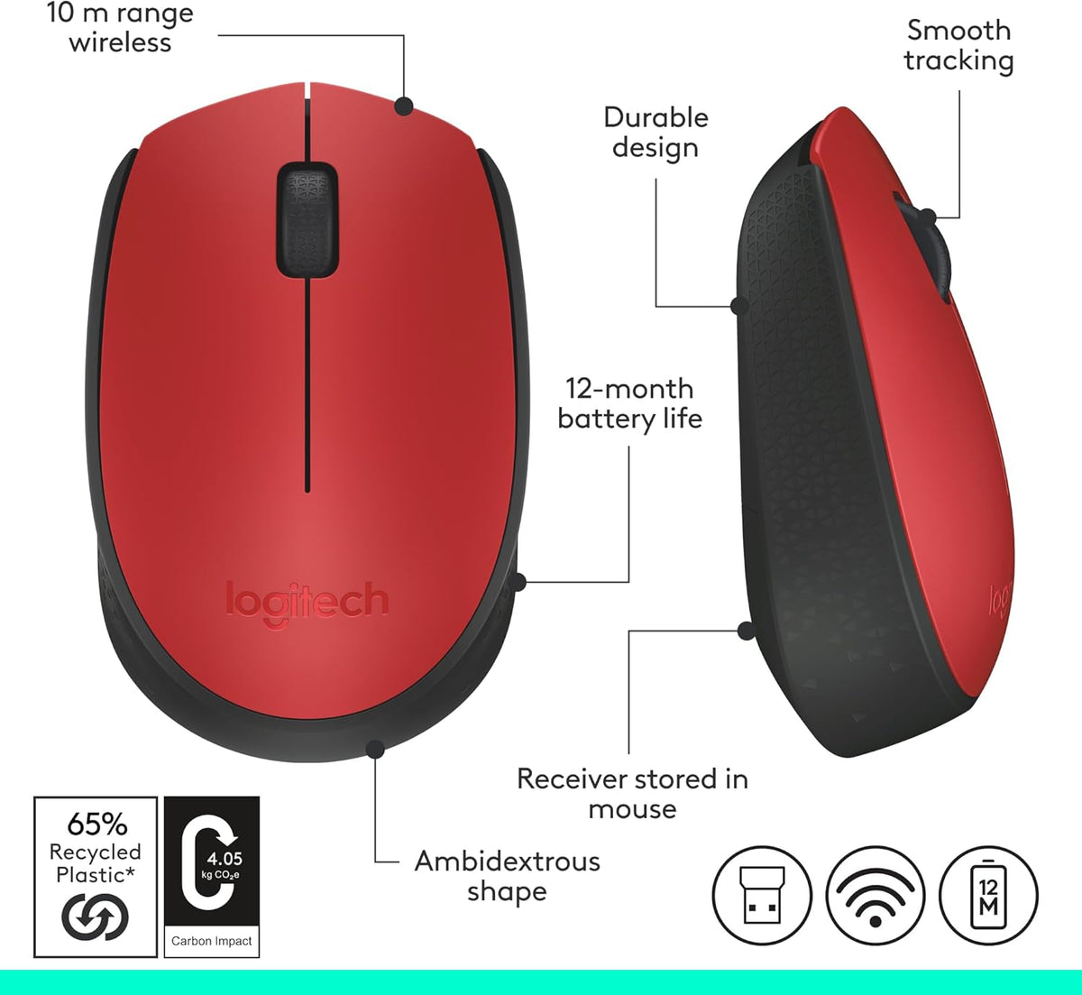 Logitech M171 Wireless Mouse for PC, Mac, Laptop, 2.4 GHz with USB Mini Receiver, Optical Tracking, 12-Months Battery Life, Ambidextrous - Red