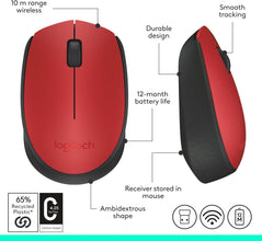 Logitech M171 Wireless Mouse for PC, Mac, Laptop, 2.4 GHz with USB Mini Receiver, Optical Tracking, 12-Months Battery Life, Ambidextrous - Red